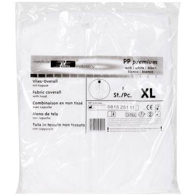 White protective suit packaging, size XL, with hood. Prints: 'PP premium', pictograms and text in multiple languages.