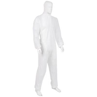 Mannequin in a white full-body protective suit.