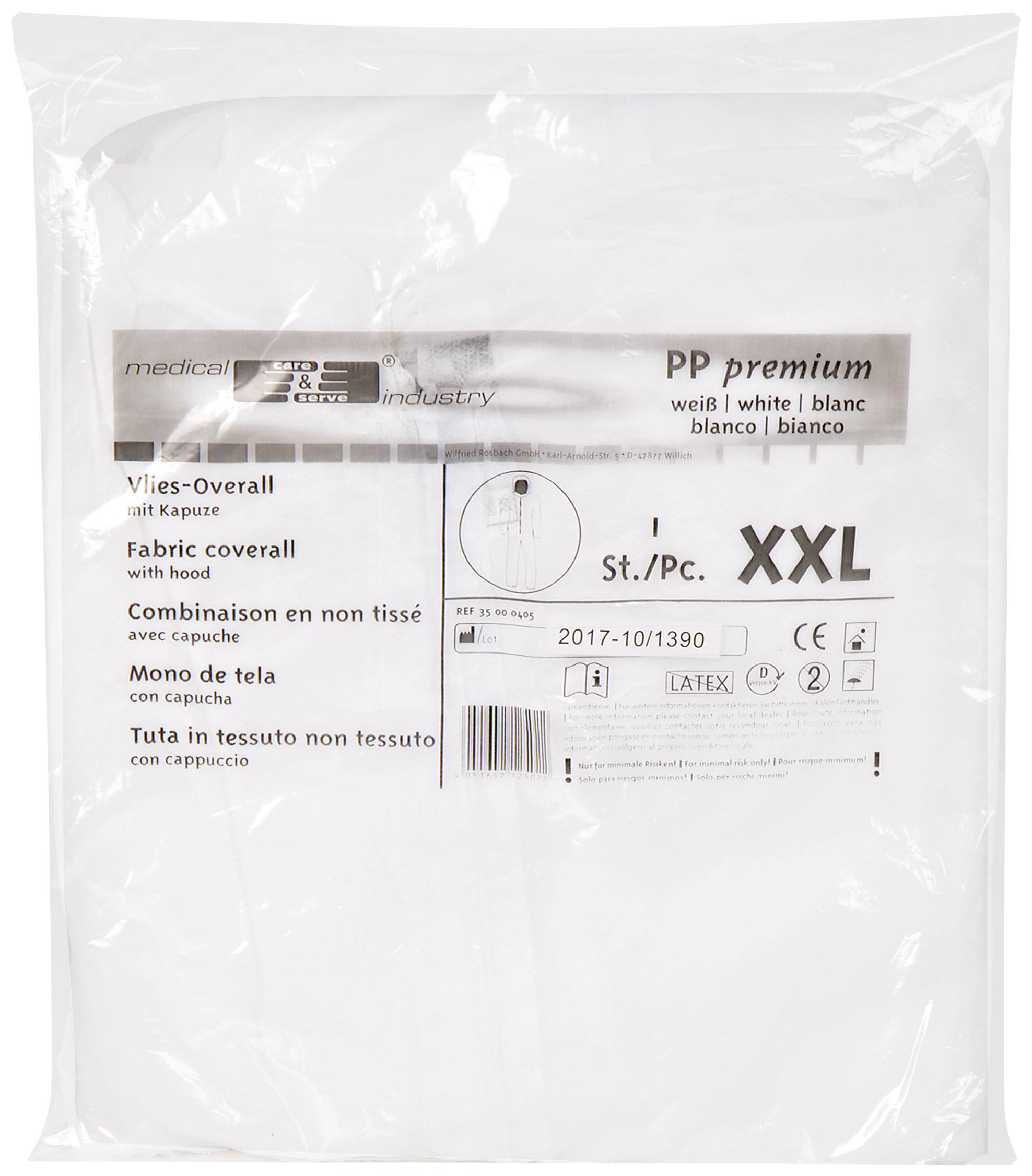 Packaging for a white non-woven coverall, size XXL, with hood. Descriptions in multiple languages. Brand 'Medical Protective Industry'.
