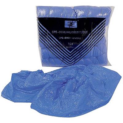 A stack of blue CPE shoe covers with packaging indicating '100 pcs/pack'. Protects shoes from dirt and moisture.