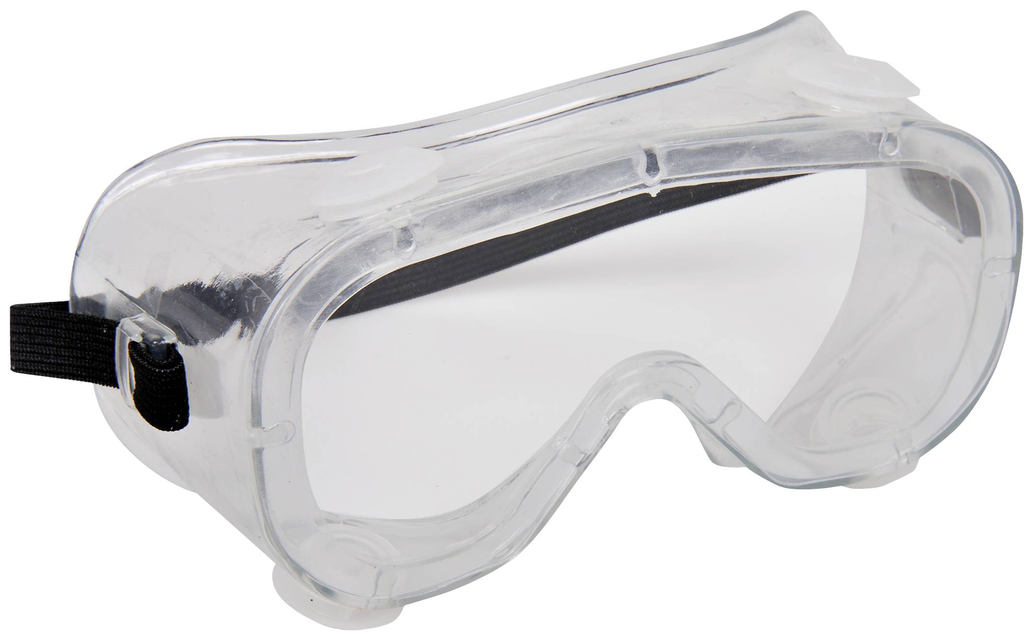 Transparent safety goggles with elastic strap for securing, designed for eye protection during scientific experiments or work.