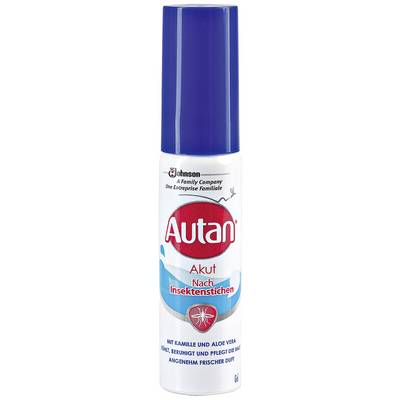 Autan Acute Spray for Insect Bites, soothes the skin with chamomile and aloe vera, 8 ml, in a blue and white bottle.