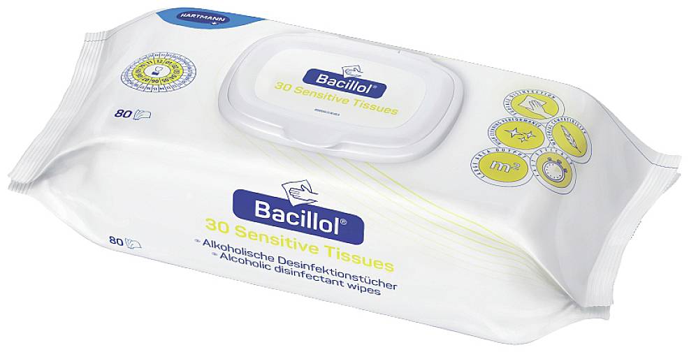 Packington Bacillol 30 Sensitive Tissues, alcohol-free disinfectant wipes, 80 pieces, on a white background.