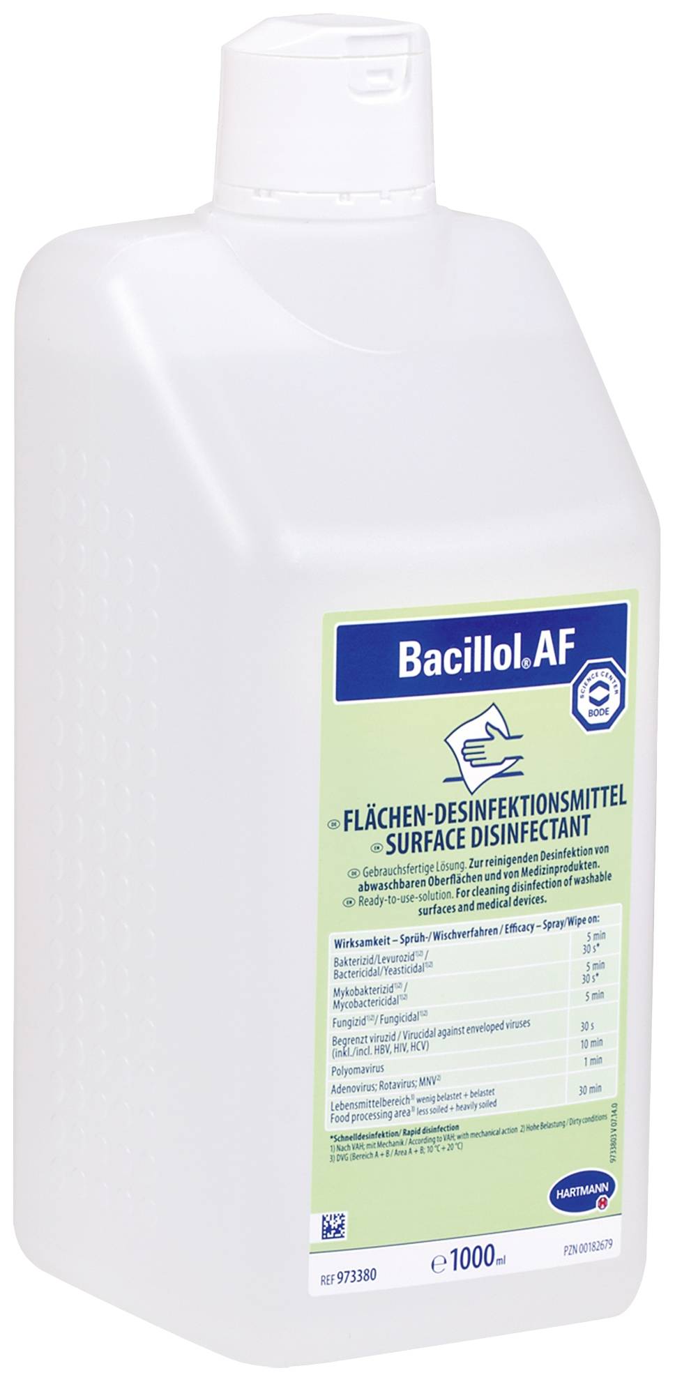 A bottle of 'Bacillol AF' surface disinfectant, transparent design with green label. Volume: 1000 ml.