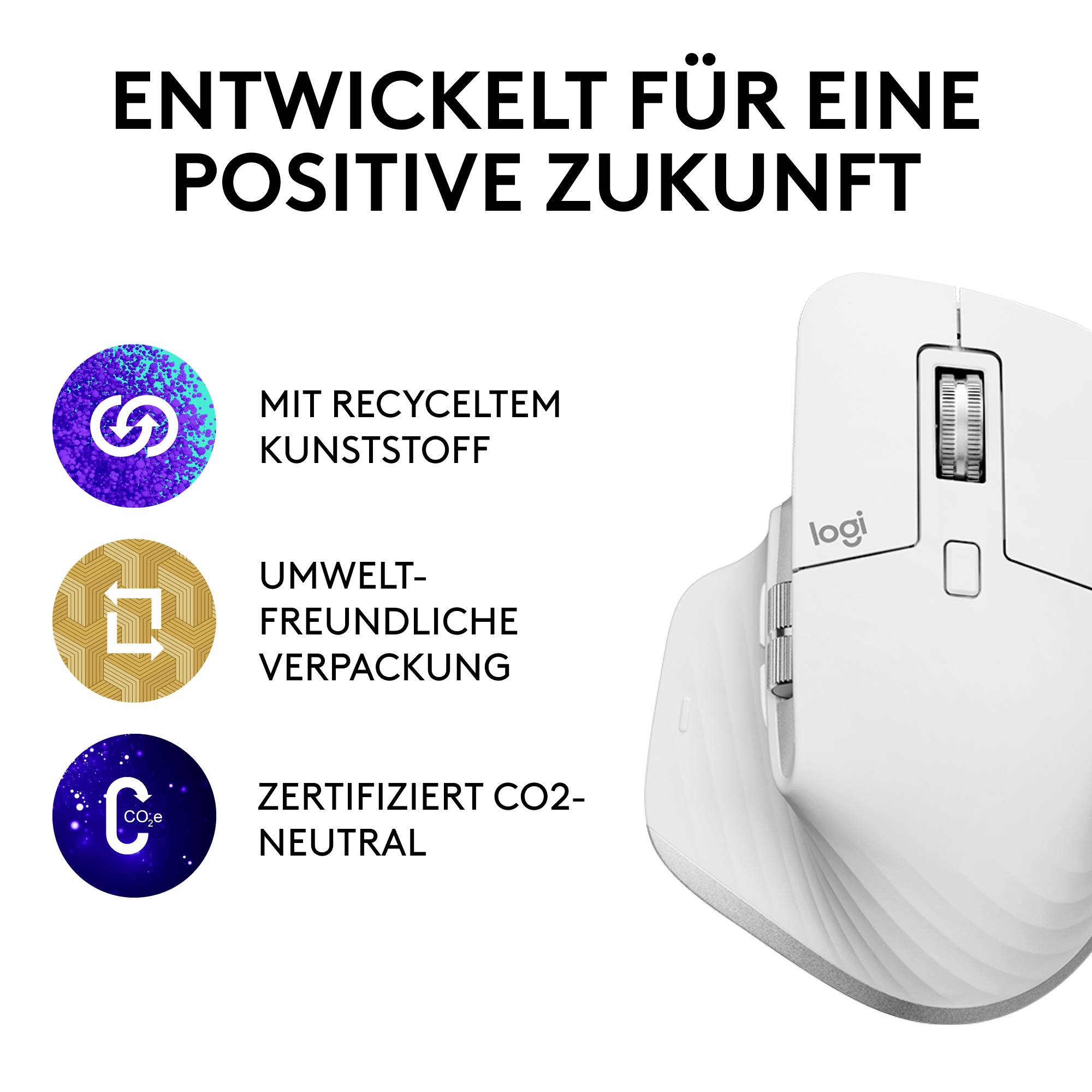 A computer mouse with the text 'Developed for a Positive Future'. Symbols: Recycled Plastic, Carbon Neutral, Eco-Friendly Packaging.