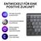 'Keyboard made with recycled plastic, aluminium frame, efficiency certified, carbon neutral. Developed for a positive future.'