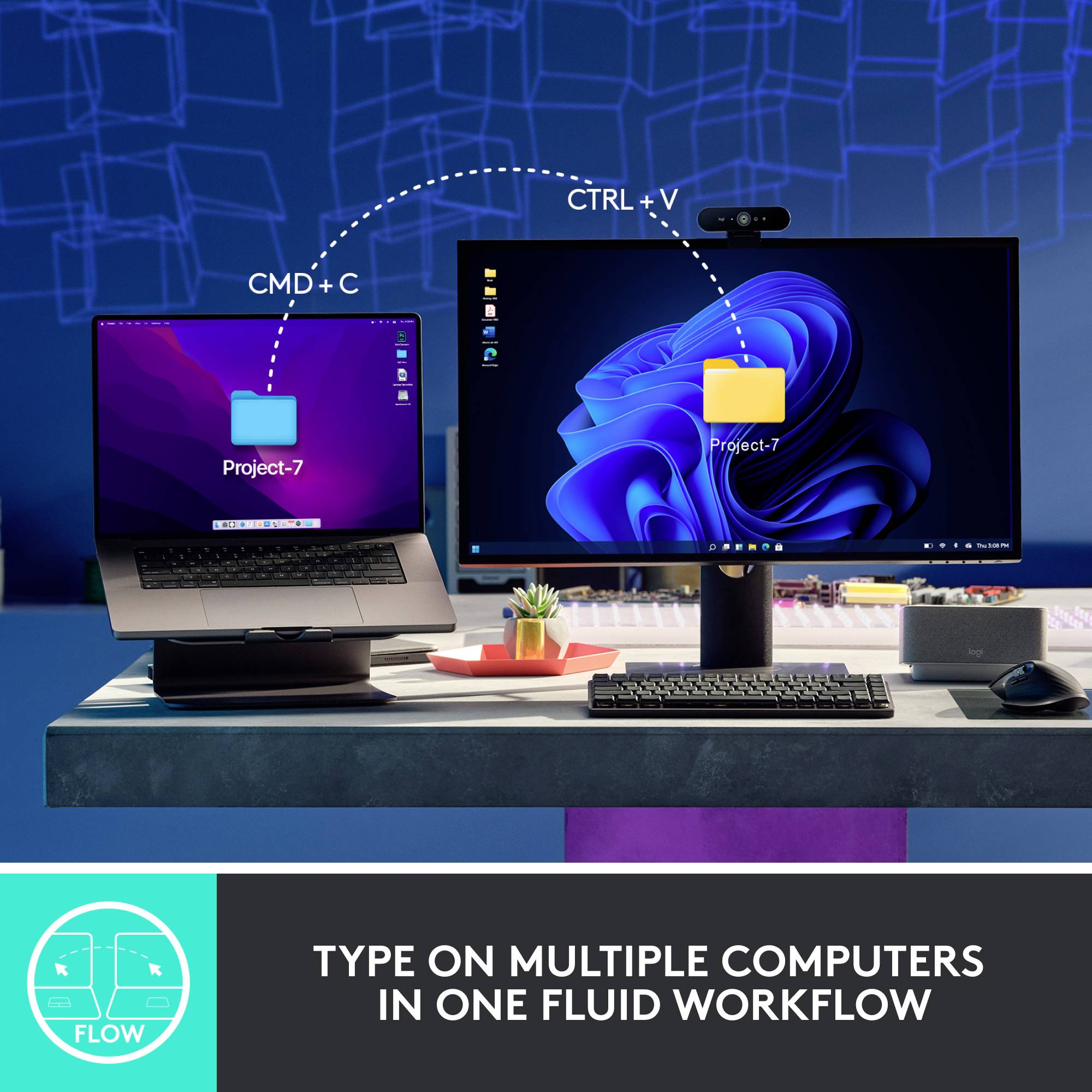 Two computer screens display project files. The description explains how files can be copied to different devices using 'CMD + C' and 'CTRL + V'.