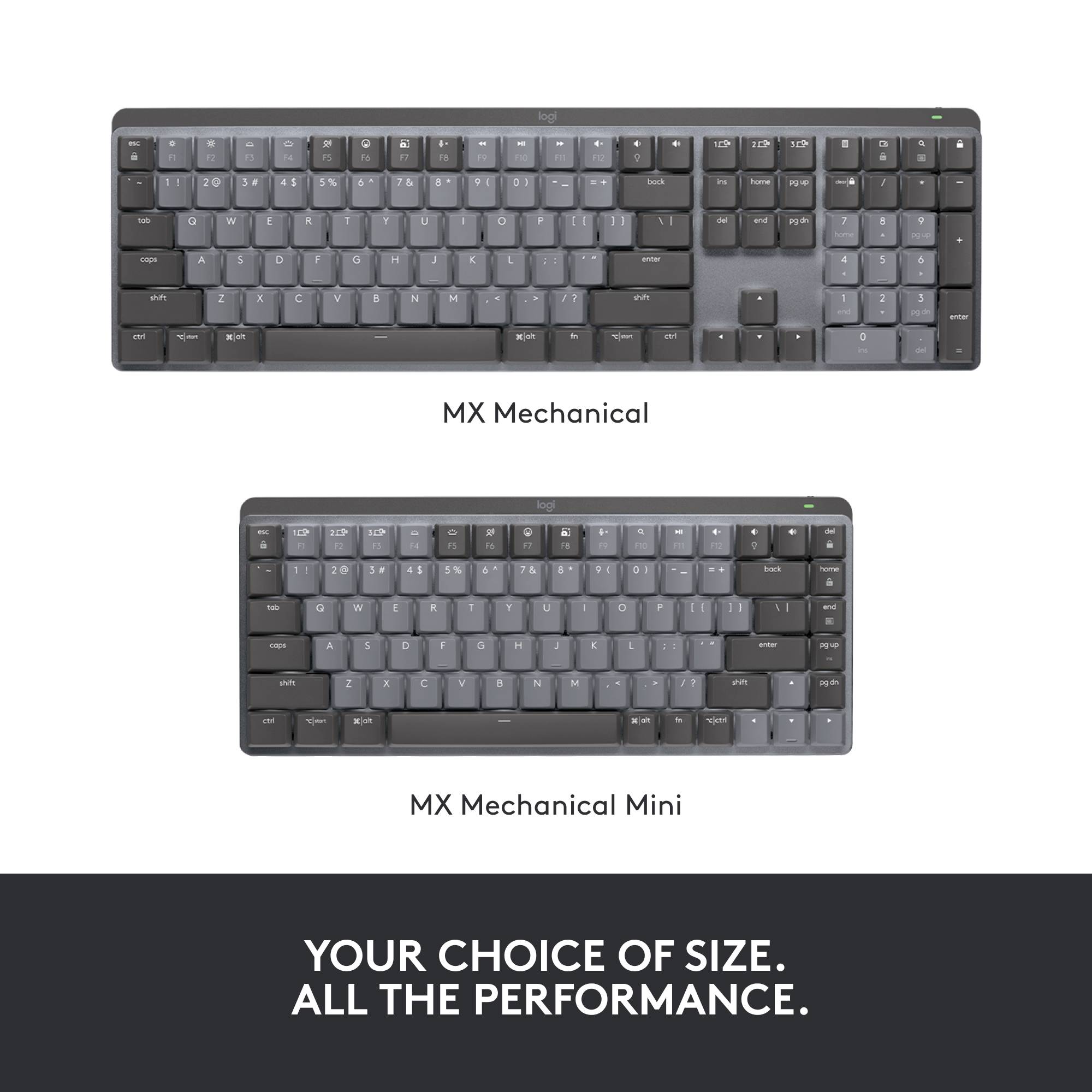 An image shows two computer keyboards. At the top is the 'MX Mechanical' and below it the smaller 'MX Mechanical Mini'. Underneath it reads: 'The size of your choice. Full performance.'