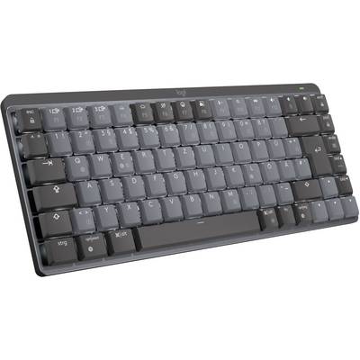 Black wireless keyboard with grey keys and a compact layout, suitable for space-efficient work environments.