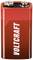 Red 9V block battery with 'VOLTCRAFT' printed vertically in white text. The two terminals are visible at the top.