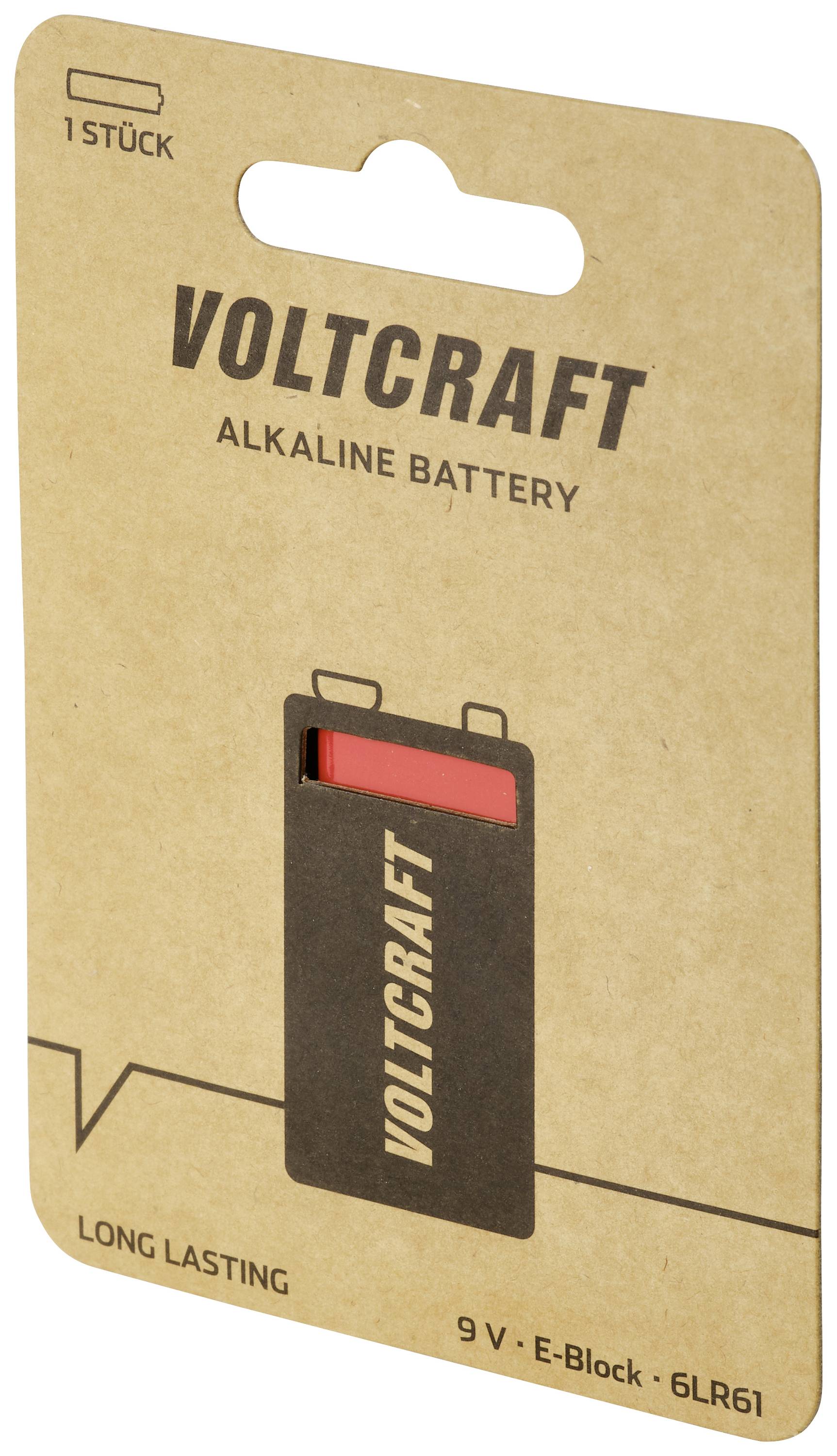 Packaging of a Voltcraft Alkaline Battery, 9V, E-Block. Contains one battery, long-lasting, suitable for various applications.