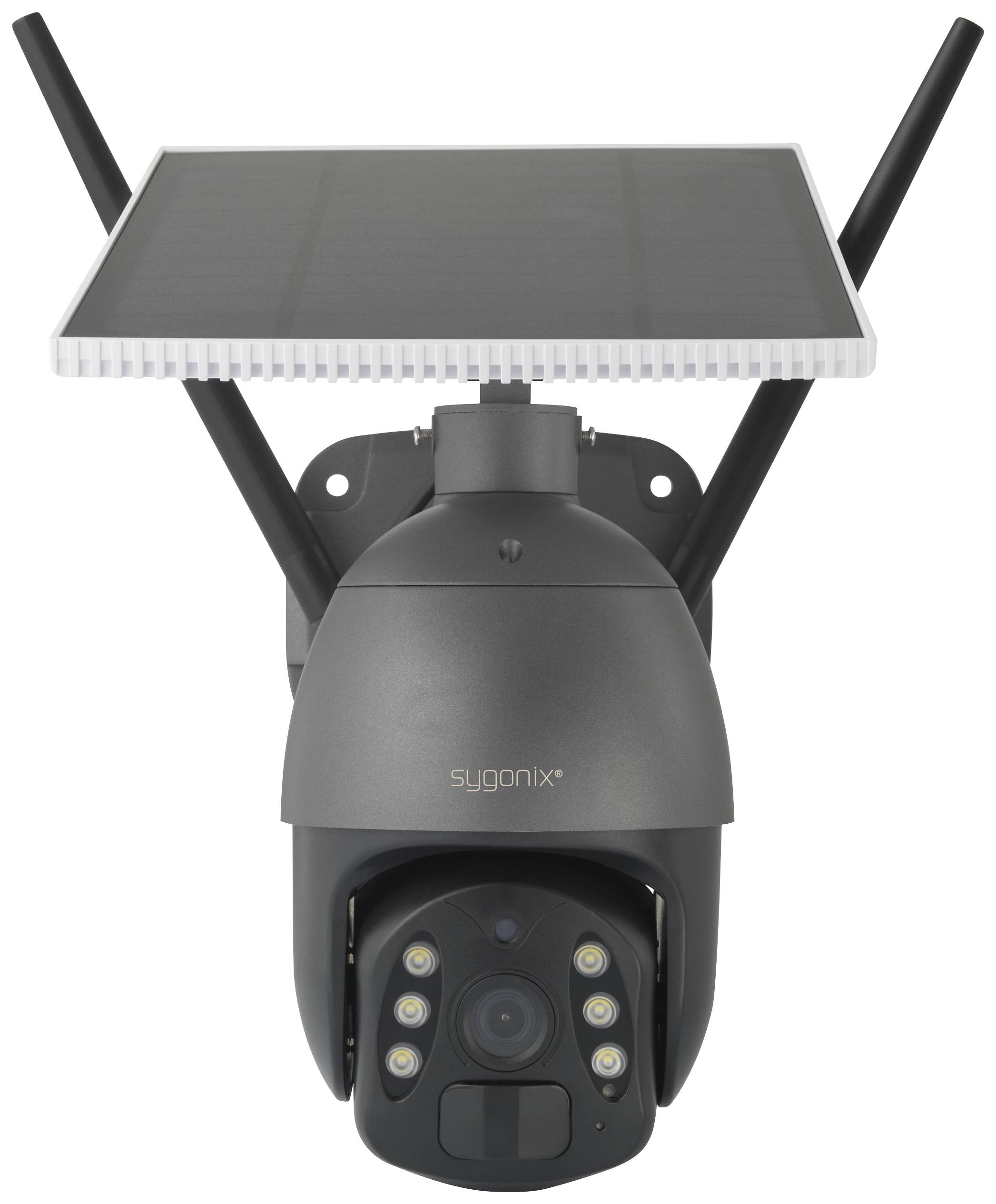 'Black surveillance camera with solar panel and aerials, ideal for outdoor use with wireless power and internet connectivity.'