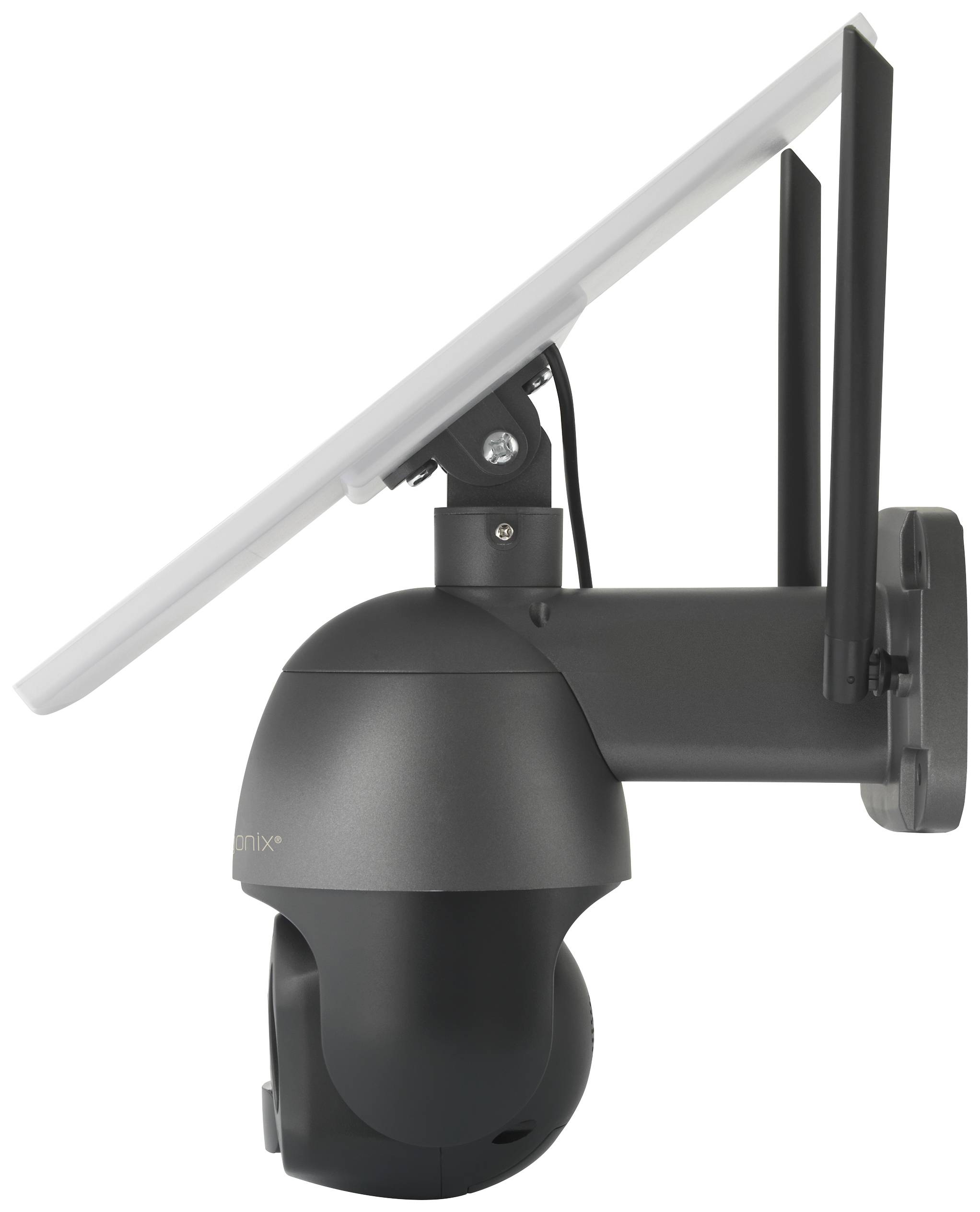 Pivoting camera with solar panel, wall-mounted. Ideal for outdoor surveillance with an environmentally friendly power source.