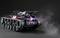 Toy tank on a black background, showing rear lights and a smoke effect, symbolising movement or deployment.