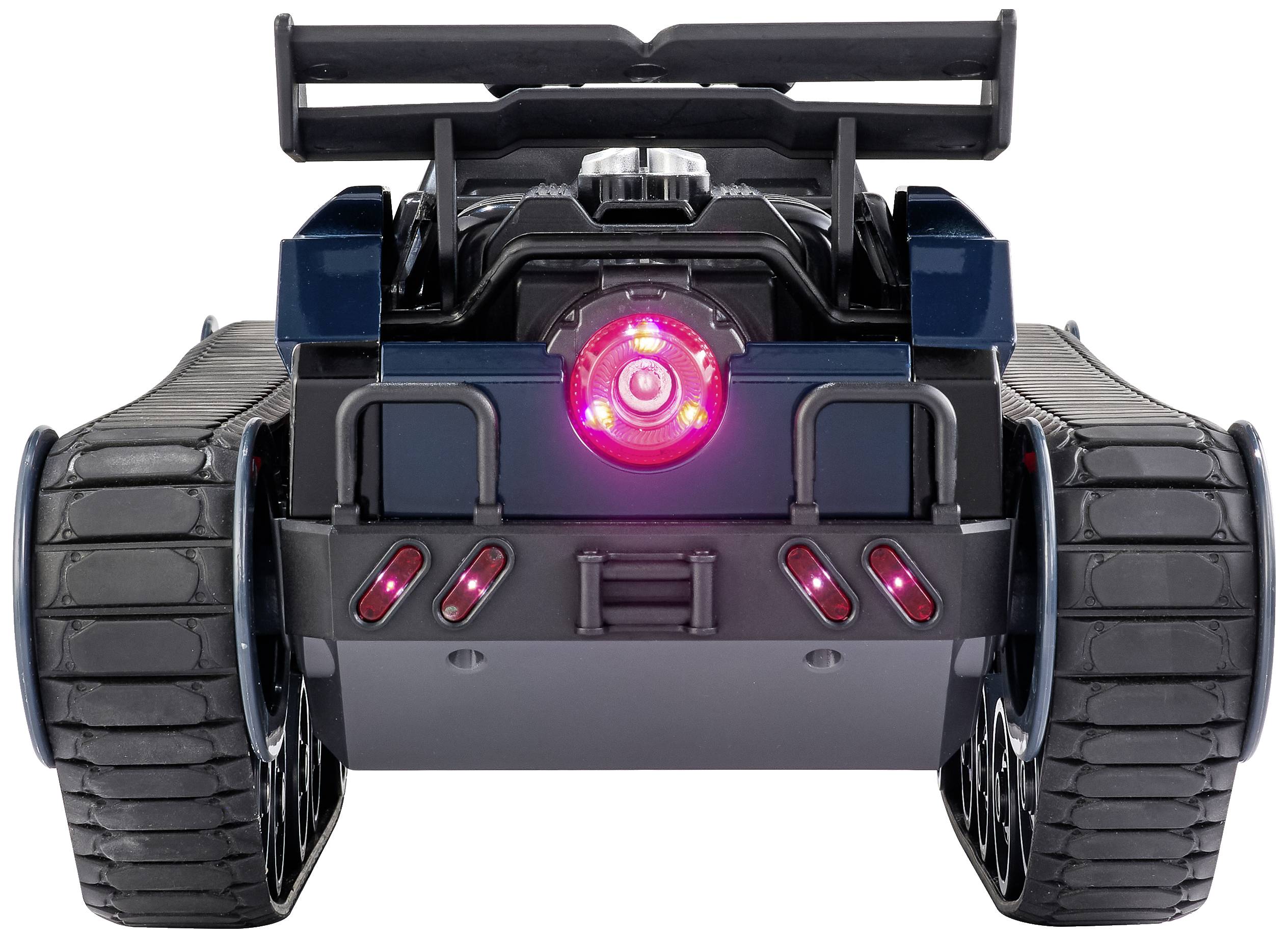 A remote-controlled toy vehicle with wide caterpillar tracks and illuminating LED lights, featuring a futuristic design.