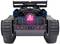 A remote-controlled toy vehicle with wide caterpillar tracks and illuminating LED lights, featuring a futuristic design.
