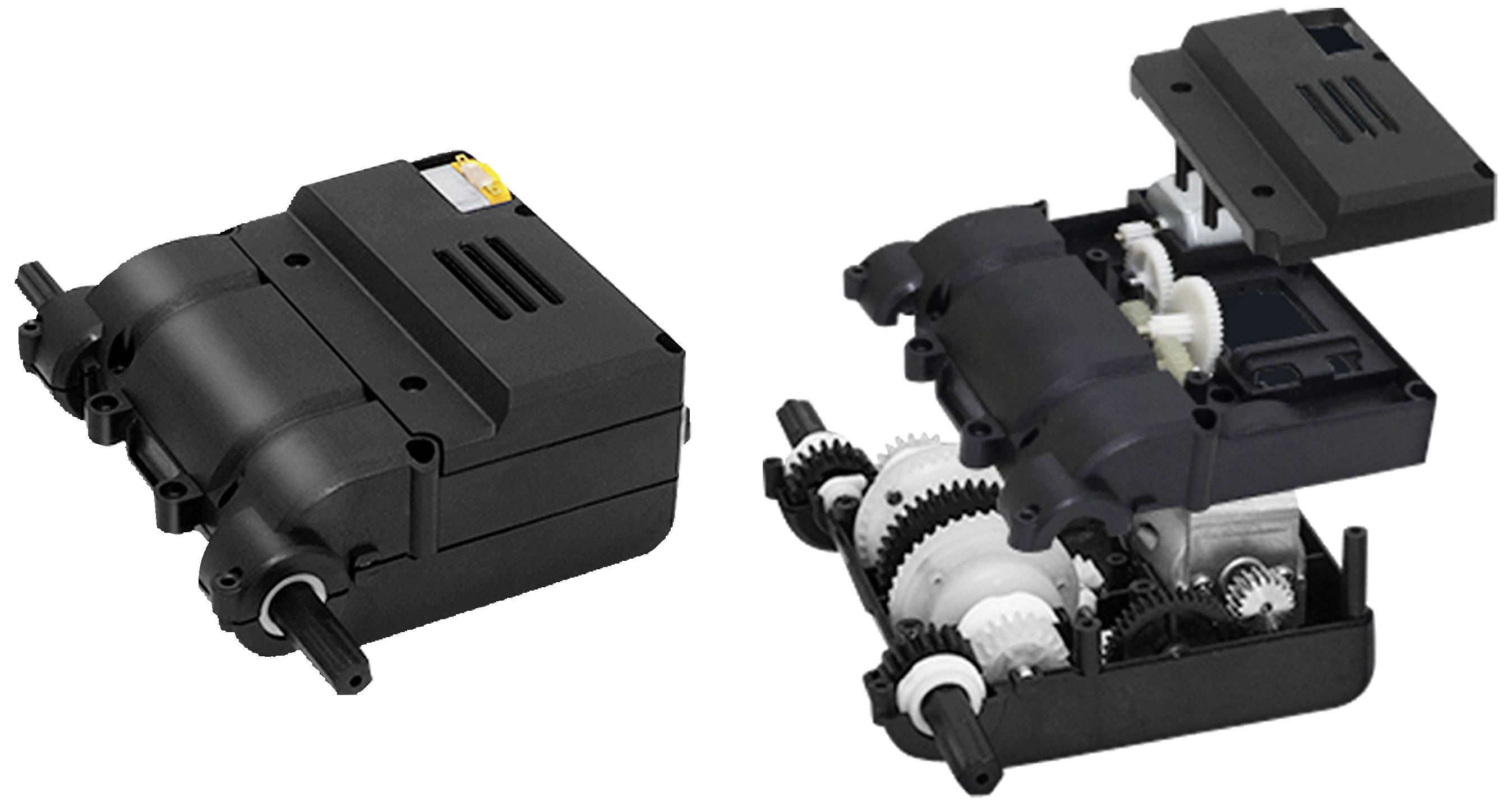 Two black gearboxes, one closed and one open, reveal the white gears inside.