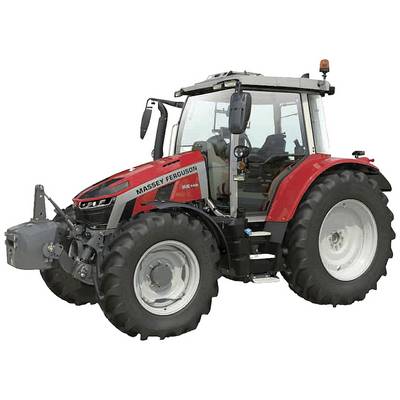 A red tractor with 'Massey Ferguson' written on the bonnet, side view, large tyres, cabin with glass windows.