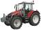 A red tractor with 'Massey Ferguson' written on the bonnet, side view, large tyres, cabin with glass windows.
