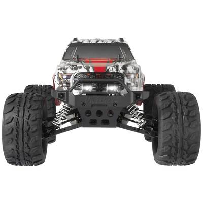 A remote-controlled car with large, heavily treaded tyres and a robust chassis, perfect for off-road driving.
