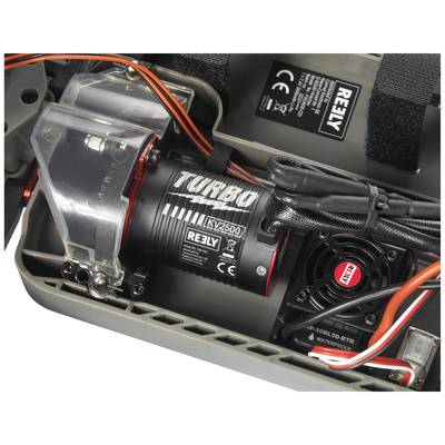 'RC Car Interior Close-up View with TURBO KLV2500 Motor and Fan, Surrounded by Cables and Electronic Components.'