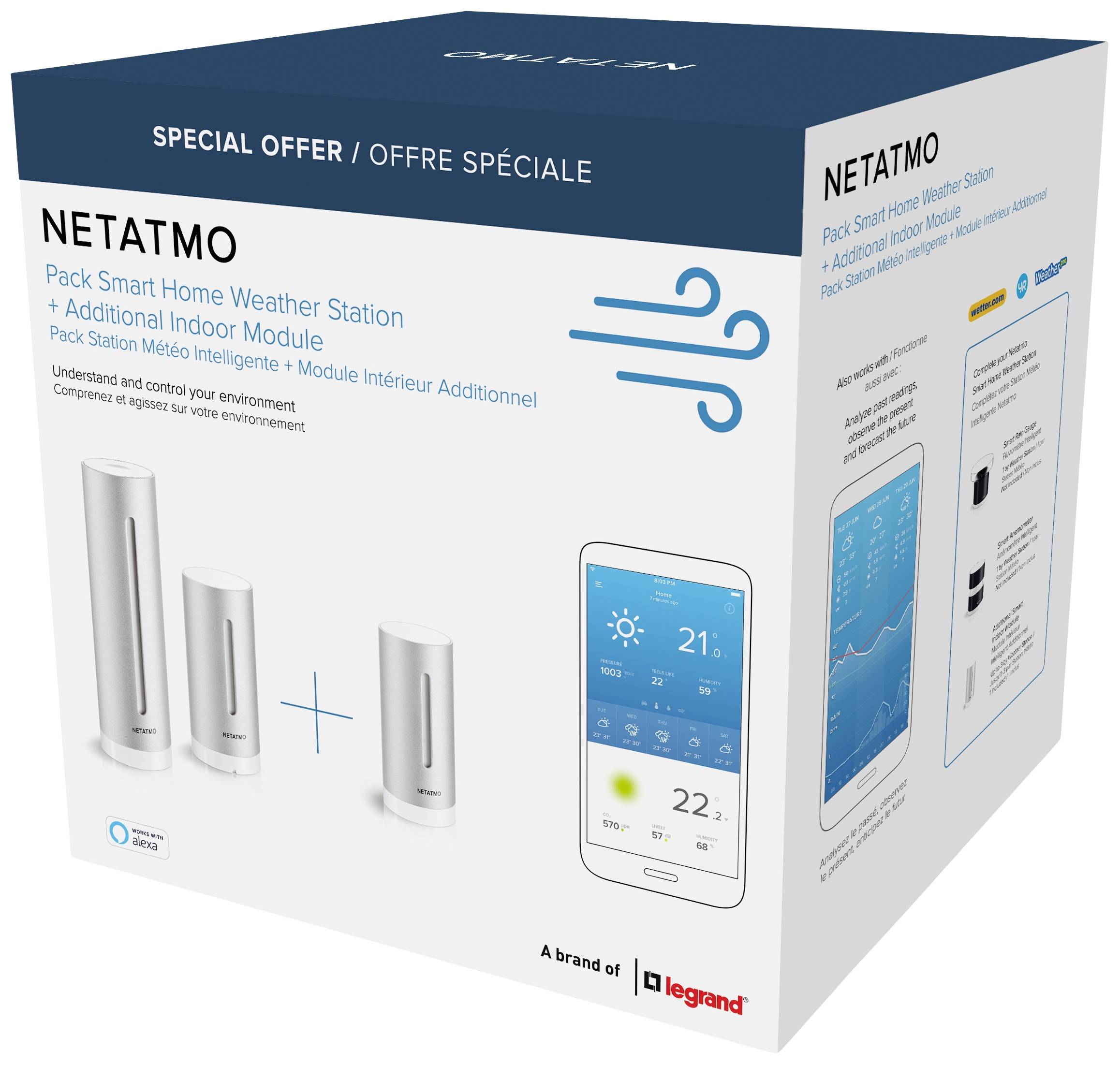 'Netatmo Smart Home Weather Station' and additional indoor module in a blue package. For monitoring and controlling the environment.