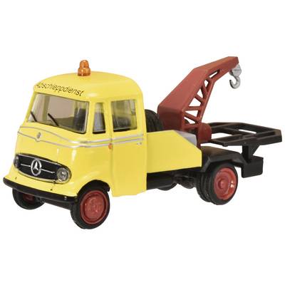 A yellow breakdown service toy car with a red crane and an orange warning light on the roof, displaying the Mercedes-Benz logo.