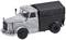 Toy model of a grey lorry with a black cover, photographed from the left side.