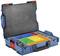 Opened blue toolbox with removable, multi-coloured compartments for organising smaller tools and parts.