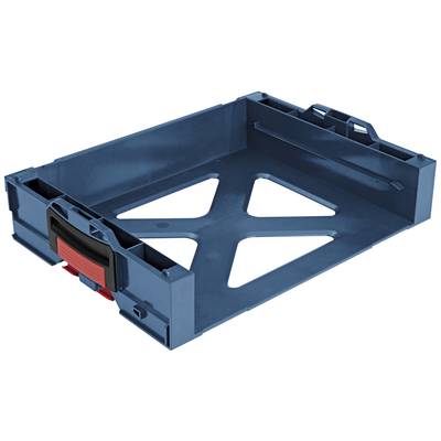 Blue, rectangular plastic container with red closure elements; suitable for stacking or transporting.