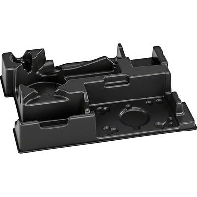 A black plastic component with multiple compartments and protrusions, potentially an insert for a product enclosure or packaging.