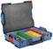 An open, blue toolbox with multiple coloured compartments for organised storage of small parts.