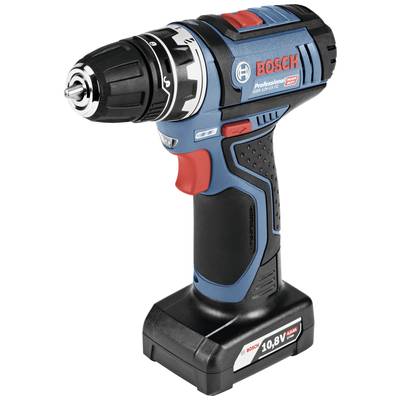 A blue cordless drill with a black handle and red trigger, brand 'BOSCH', 10.8V, stands upright.