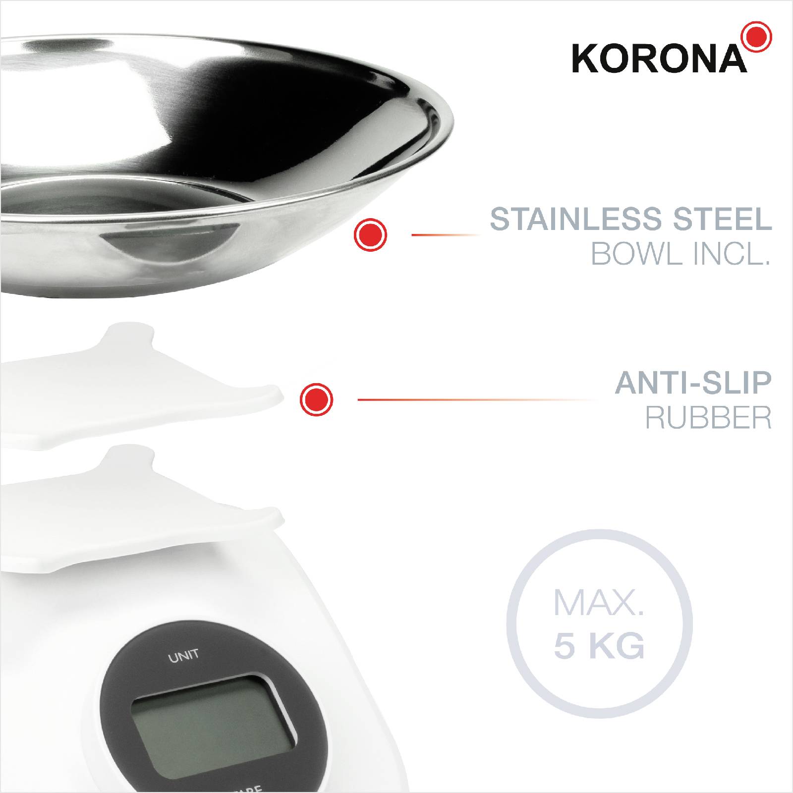 Korona CLEO Kitchen scales Digital + weighing tray Weight range=5 kg White grey 190 x 135-5