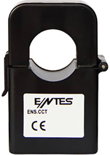 A black electrical current sensor with an opening at the top, labelled with 'ENS.CCT' and CE mark, for measuring current intensity.