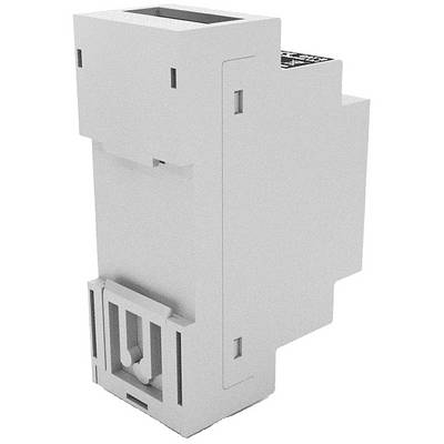 A grey electronics enclosure with multiple connection options, suitable for mounting on DIN rails in control cabinets.