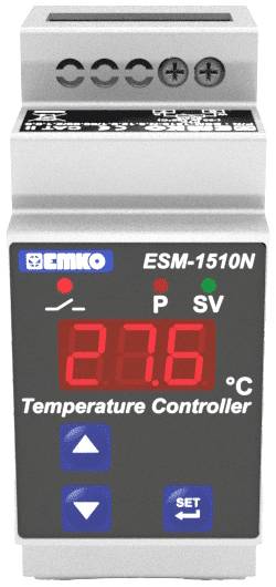 Temperature controller with red LED display showing 28.6 °C. Marked at the top with 'EMKO ESM-1510N'. Three control buttons below.