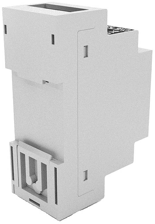 Electrical component in white, rectangular shape with plug connectors. Suitable for installation in control cabinet systems.