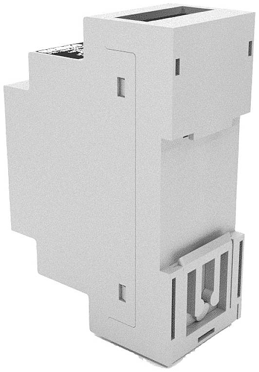 A rectangular electrical device designed for DIN rail mounting, primarily used in control or distribution systems.