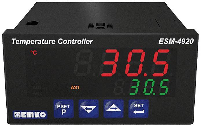 Temperature controller with digital display showing '30.5°C'. Buttons for PSET, SET and other functions underneath. Model: ESM-4920.