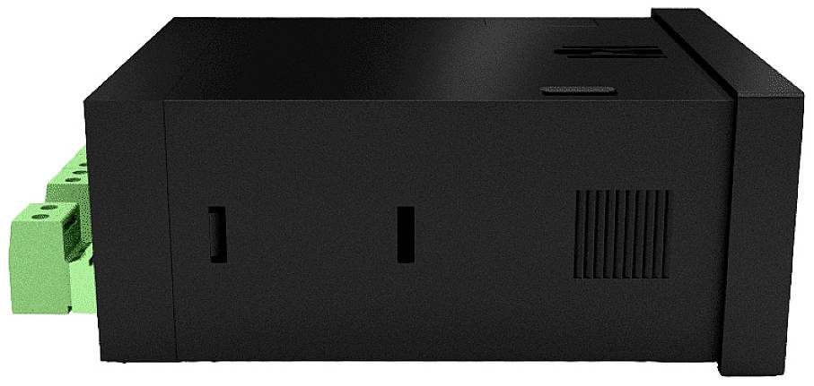 Black electronic device in a rectangular shape with green ports on the left side, possibly a network module.