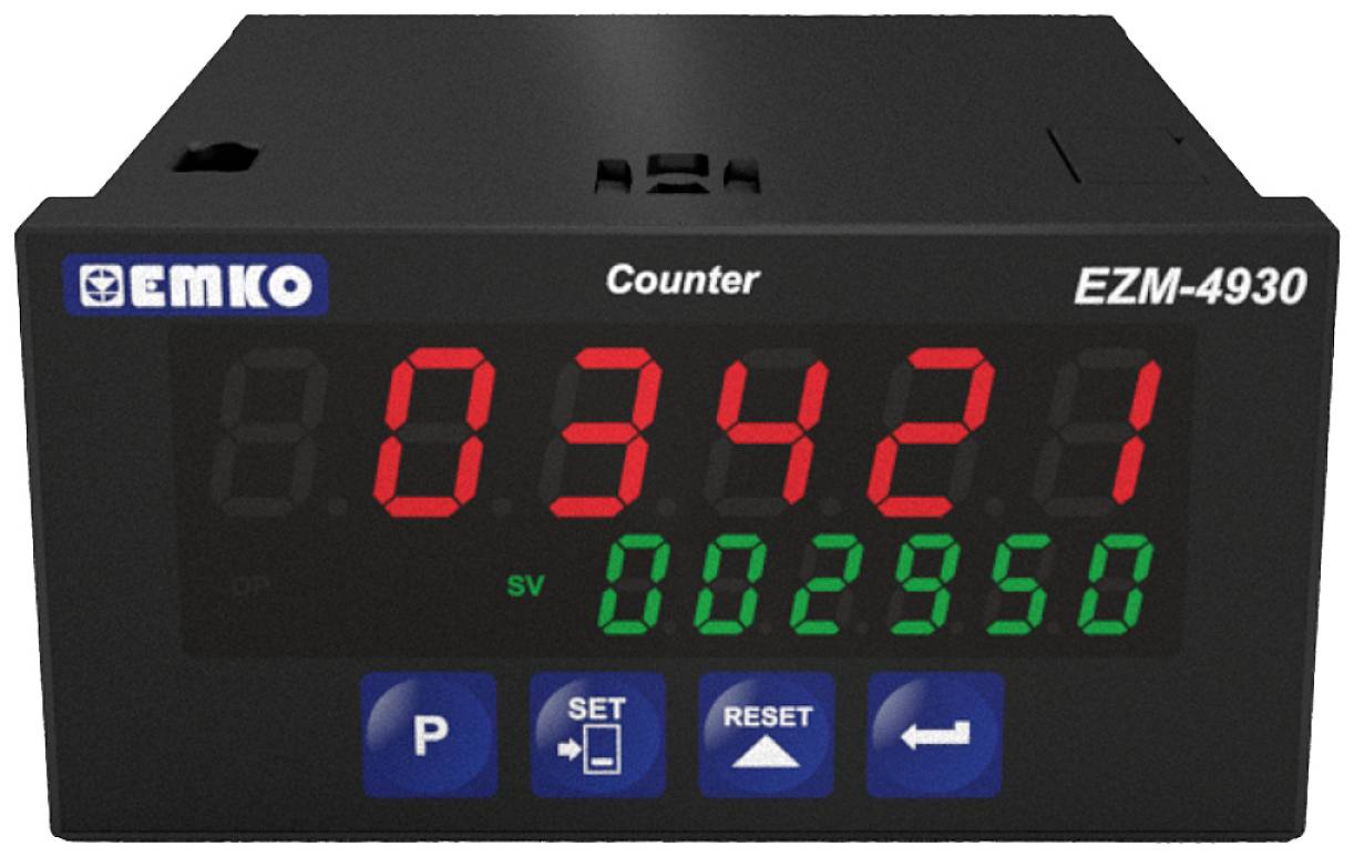 Digital counter, black casing. Displays '03421' in red and '002950' in green. Buttons at the bottom for settings and reset.