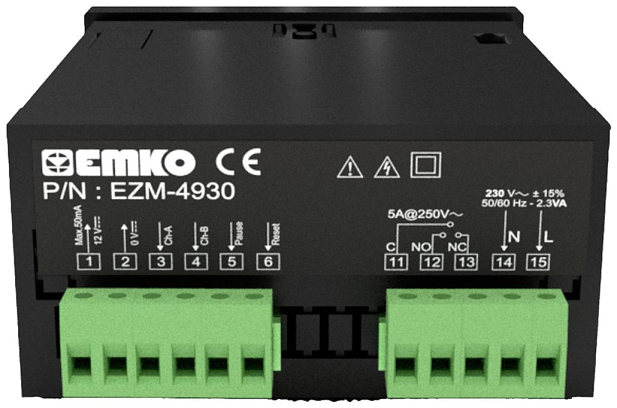 Electrical device with a black casing and green connection terminals. Label 'EMKO CE P/N: EZM-4930' is visible.