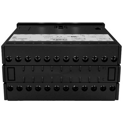 Electrical relay module with multiple screw terminals, suitable for mounting in control cabinets. Top side displays technical specifications.