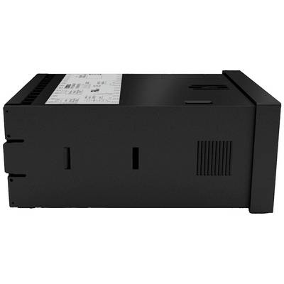 Black electronic device with ventilation slots and label on the top surface. Possibly an industrial control unit.
