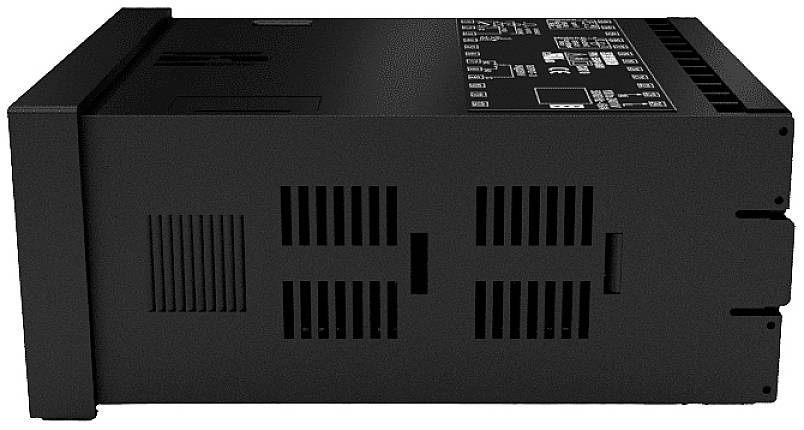 Black electronic device with ventilation slots and printed instructions on the top surface, side view.