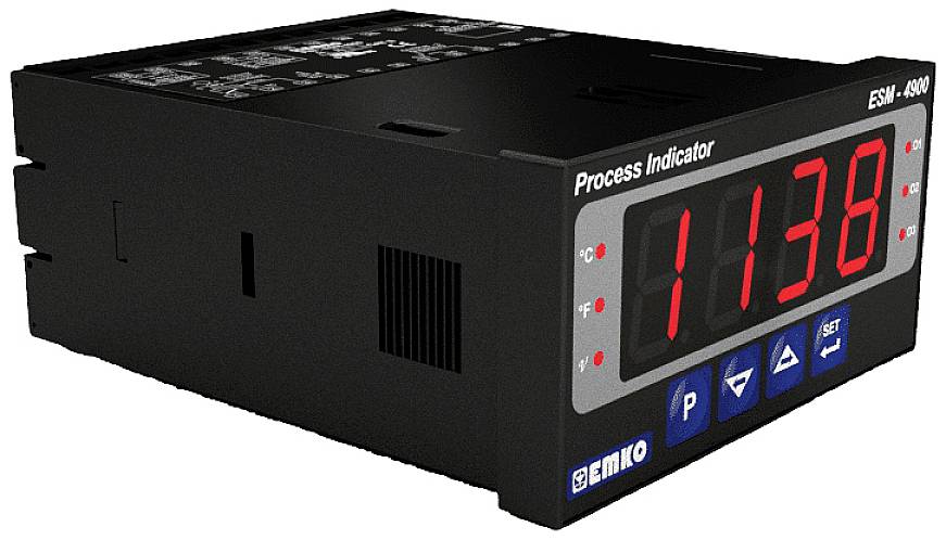 Digital process indicator with red LED display shows '1138'. It has operating buttons for settings and a black housing.
