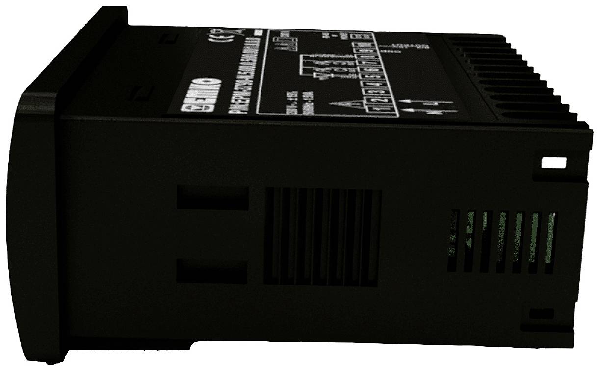 A black, rectangular electronic device with side ventilation slots. It features a digital display and control buttons on the front panel.