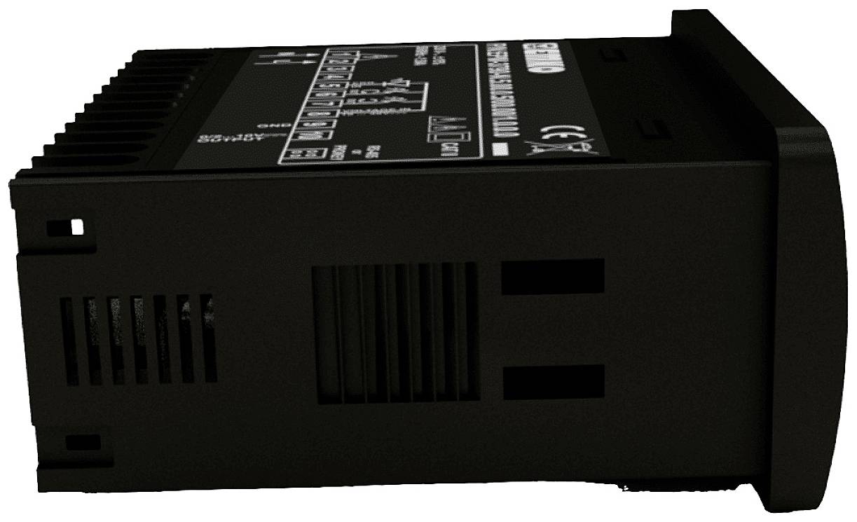 Black, rectangular electronic device with ventilation slots and user manual on the top surface. Used for temperature control.