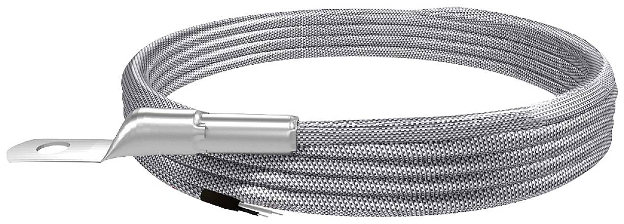 A silver, braided metal cable connection with a large connector end on a white background. Suitable for electrical applications.